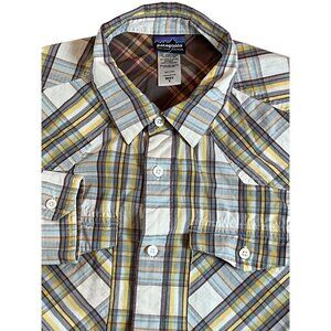 Patagonia Men's Small Long‎ Sleeve Button Up Shirt White/Yellow/Brown/Blue Plaid